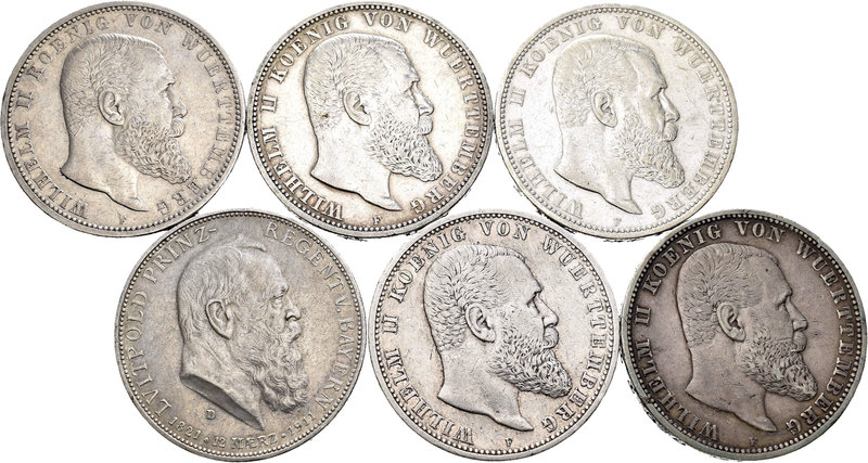 Alemania. Wurttemberg. Lote de 6 piezas de 5 marcos de plata de Wilhelm II, 1900...