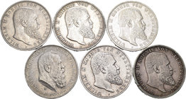 Alemania. Wurttemberg. Lote de 6 piezas de 5 marcos de plata de Wilhelm II, 1900, 1902, 1903, 1904, 1911 y 1913. A examinar. MBC-/MBC+. Est...150,00.