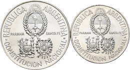 Argentina. Lote de 2 piezas de plata de 5 pesos (Km-115a) y 2 pesos (114a) de la Convención Nacional Constituyente del 25 de noviembre de 1994. A EXAM...