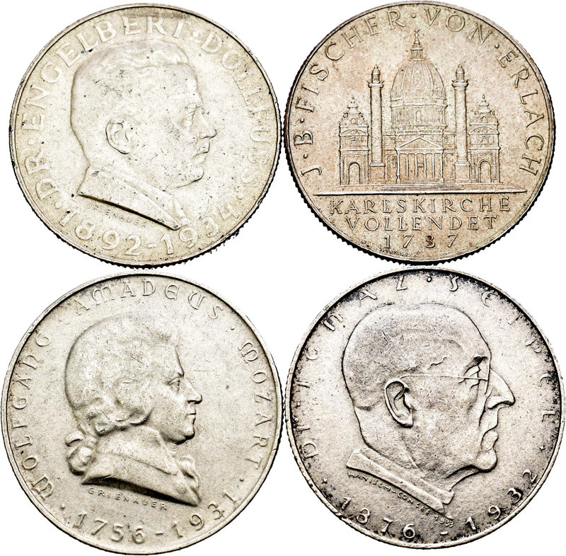 Austria. Lote de 4 piezas de 2 schilling de plata con motivos conmemorativos, 19...
