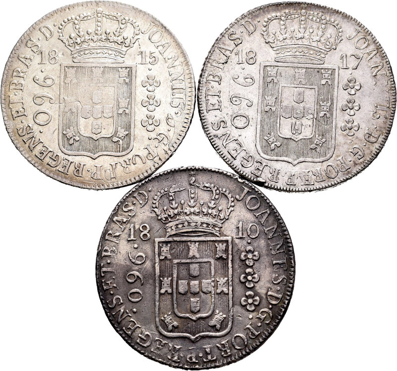 Brasil. Lote de 3 piezas de 960 reis acuñadas sobre piezas de 8 reales, 1810, 18...