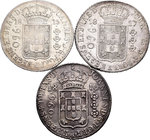 Brasil. Lote de 3 piezas de 960 reis acuñadas sobre piezas de 8 reales, 1810, 1815 y 1817. A EXAMINAR. MBC-/MBC. Est...80,00.