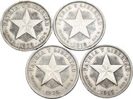 Cuba. Lote de 4 piezas de plata de 1 peso, 1915, 1916, 1933, 1934 (Km-15.2). A EXAMINAR. MBC+. Est...75,00.