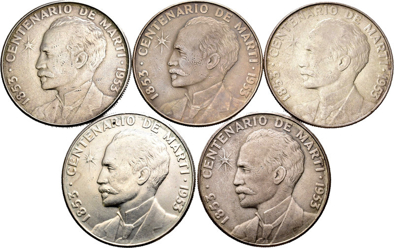 Cuba. Lote de 5 piezas de 1 peso de plata 1953 (km-29). Centenario de Marti. A E...