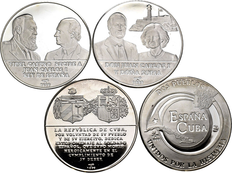 Cuba. Lote de 4 piezas de plata de 10 pesos de 1999 con motivo de la visita Real...