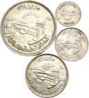 Egipto. 1384 H (1964). Lote de 4 piezas de plata con motivo de la canalización del Nilo, 5 piastras (Km-404), 10 piastras (Km-405), 25 piastras (Km-40...