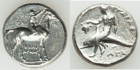 CALABRIA. Tarentum. Ca. early 3rd century BC. AR stater or didrachm (21mm, 7.83 gm, 10h). AU, smoothing. Philiarchus, Sa- and Aga-, magistrates. Youth...