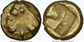 IONIA. Uncertain mint. Ca. 600-550 BC. EL 1/48 stater (5mm, 0.36 gm). NGC AU 4/5 - 5/5. Bow fibula (brooch) with decorated bow and straight pin / Quad...