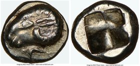 IONIA. Phocaea. Ca. 625-522 BC. EL 1/24 stater or myshemihecte (7mm, 0.56 gm). NGC AU 5/5 - 5/5. Head of Ram left; seal left below / Quadripartite inc...