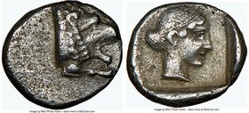 CARIA. Cnidus. Ca. late 5th century BC. AR obol (9mm, 7h). NGC Choice VF. Forepart of roaring lion right with outstretched leg / Head of Aphrodite rig...