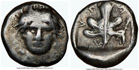 CARIA. Idyma. Late 5th-early 4th centuries BC. AR drachm (14mm, 1h). NGC Choice Fine. Facing head of Pan / I-Δ-Y-M-I-O-N, fig leaf within incuse squar...