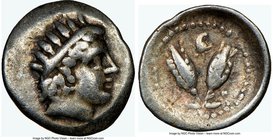 CARIAN ISLANDS. Rhodes. Ca. 300-250 BC. AR diobol. NGC Choice Fine. Radiate head of Helios right / P-O, two rose buds, Macedonian helmet left above. H...