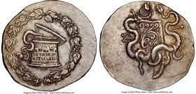 LYDIA. Sardes. Ca. 166-128 BC. AR cistophorus (30mm, 12h). NGC Choice XF, brushed. Ca. 160-150 BC. Serpent emerging from cista mystica; all within ivy...