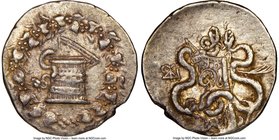 PHRYGIA. Synnada. Ca. 166-128 BC. AR cistophorus (28mm, 12h). NGC XF. Ca. AD 160-150. Serpent emerging from cista mystica; all within wreath / Two ser...