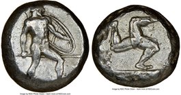 PAMPHYLIA. Aspendus. Ca. mid-5th century BC. AR stater (18mm). NGC VF. Ca. 465-430 BC. Helmeted nude hoplite advancing right, spear forward in right h...