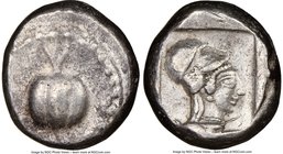 PAMPHYLIA. Side. Ca. 5th century BC. AR stater (20mm, 10.92 gm, 12h). NGC XF 4/5 - 4/5. Ca. 430-400 BC. Pomegranate; guilloche beaded border / Head of...