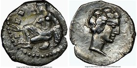 CILICIA. Tarsus. Tiribazus (ca. 388-380 BC). AR obol (9mm, 1h). NGC XF. Youthful bare male head right / TE-PΣIKON, young female kneeling left, casting...