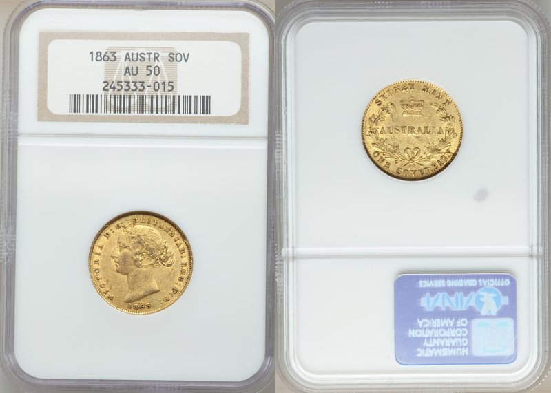 Victoria gold Sovereign 1863-SYDNEY AU50 NGC, Sydney mint, KM4. AGW 0.2353 oz. 
...