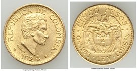 Republic gold 5 Pesos 1924 AU, Medellin mint, KM204. 22mm. 7.99gm. AGW 0.2355 oz. 

HID09801242017