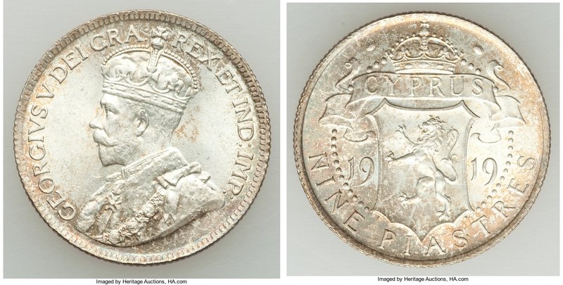 British Colony. George V 9 Piastres 1919 UNC, KM13. 24mm. 5.66gm. Crowned bust l...