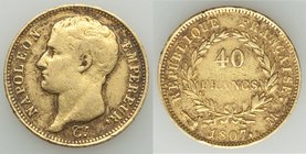 Napoleon gold 40 Francs 1807-M VF, Toulouse mint, KM-A688.3. 26mm. 12.86gm. AGW 0.3734 oz. 

HID09801242017