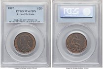 Victoria 1/2 Penny 1867 MS62 Brown PCGS, KM748.2, S-3956. Dark brown centers with reddish-gold burst of color at peripheries. 

HID09801242017