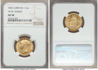Victoria gold Sovereign 1853 AU58 NGC, KM736.1, S-3852C. Variety with WW raised. AGW 0.2355 oz. 

HID09801242017