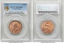 George V 1/2 Penny 1925 MS65 Red PCGS, KM809. Mint bloom rose red colored surfaces. 

HID09801242017
