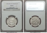 Philip V 2 Reales 1738/7 Mo-MF AU55 NGC, Mexico City mint, KM84. Sharply struck and highly lustrous with scant wear on the higher points and faint sur...