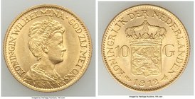 Wilhelmina gold 10 Gulden 1912 AU, KM149. 22mm. 6.70gm. AGW 0.1947 oz.

HID09801242017
