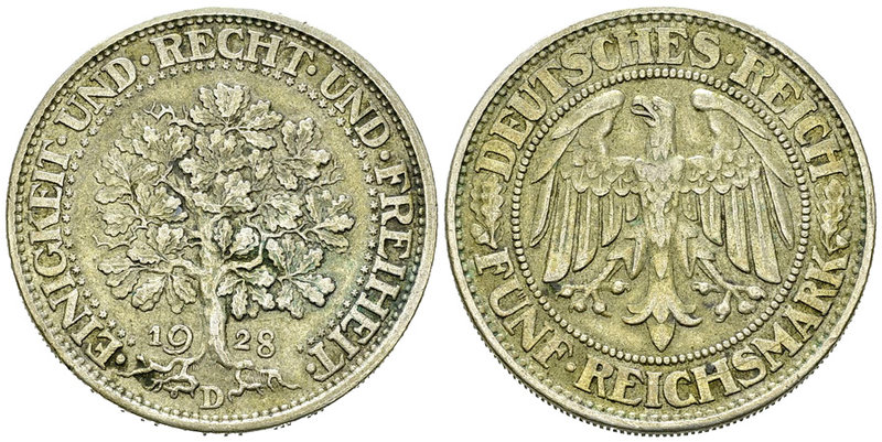 Weimarer Republik, AR 5 Reichsmark 1928 D, Eichbaum 

Deutschland. Weimarer Re...