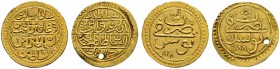 OTTOMAN TUNIS 
 Ahmed III (1115-1143ah / 1703-1730ce) 
 Lot of 2 – apparently unpublished – gold coins: 
 a. ¼ sultani 1128ah (1715ce) -unc (w/plug...