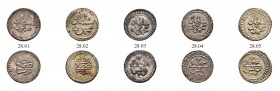 OTTOMAN TUNIS 
 Mahmud I (1143-1171 / 1730-1754ce) 
 Lot of 5 coins: 2 kharub Bi all vf-xf, all are scarce issues a. 1151ah Fen 39, KM 44.1 -xf w/ “...