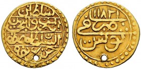 OTTOMAN TUNIS 
 Mustafa III (1171-1187ah / 1757-1774ce) 
 ½ sultani 1182ah (1768ce) AU 1.19g NP 631, KM 58 R -vf (holed)