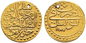 OTTOMAN TUNIS 
 Mustafa III (1171-1187ah / 1757-1774ce) 
 ½ sultani 1187ah (1773ce) AU 1.26g Fen 82, KM 58var R, date below -xf (holed) These gold c...