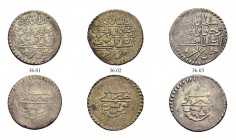 OTTOMAN TUNIS 
 Mustafa III (1171-1187ah / 1757-1774ce) 
 Lot of 3 coins, all of these dates are rare: a. riyal 1181ah (1767ce) Bi Fen 84, KM 57 f-v...