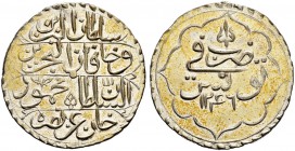 OTTOMAN TUNIS 
 Mahmud II (1223-1255ah / 1808-1839ce) 
 riyal 1246ah (1830ce) Bi 11.50g Fen 240, KM 90 traces of gilting, -unc