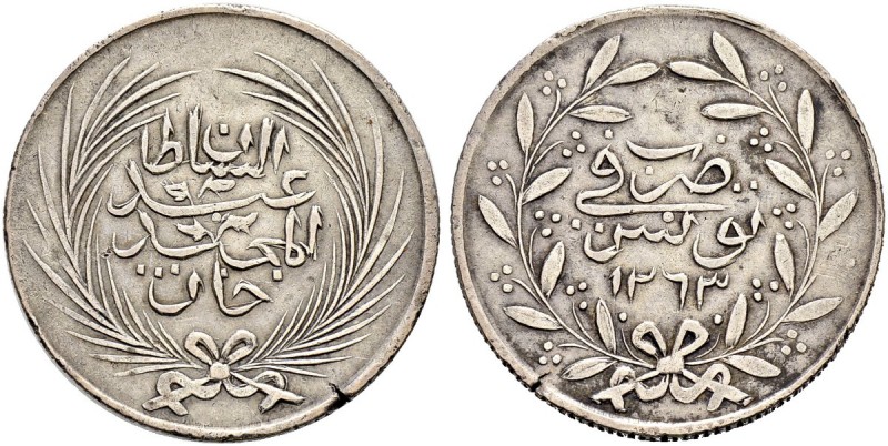 OTTOMAN TUNIS 
 Abdul Mejid (1255-1277ah / 1839-1861ce) 
 5 riyals 1263ah (184...