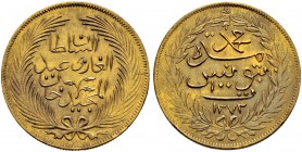 OTTOMAN TUNIS 
 Abdul Mejid (1255-1277ah / 1839-1861ce) 
 100 riyals 1272ah AU 19.62g Fen 326, KM 130 R unc The color of this particular coin is rat...