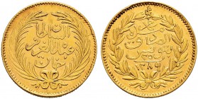 OTTOMAN TUNIS 
 Abdul Aziz (1277-1293ah / 1861-1876ce) 
 25 riyals 1289ah (1872ce) AU 4.80g Fen 405, KM 148 xf/+