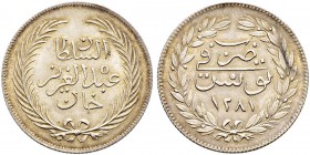 OTTOMAN TUNIS 
 Abdul Aziz (1277-1293ah / 1861-1876ce) 
 2 riyals 1281ah (1865ce) AR 6.19g Fen 437, KM 161 RR -Fdc This rather baffling coin raises ...