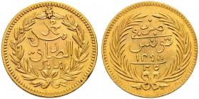 OTTOMAN TUNIS 
 Transitional Coinage 
 25 riyals 1298ah (1881ce) AU 4.82g Fen 519, KM 200 R -Fdc Beginning with the year 1298ah (1881ce), during the...