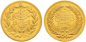 OTTOMAN TUNIS 
 Transitional Coinage 
 With the name Ali Bey (1299-1320ah / 1882-1902ce) 
 25 riyals / 15 Fr 1308ah (1891ce) AU 4.83g Fen 530, KM 2...