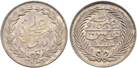OTTOMAN TUNIS 
 Transitional Coinage 
 With the name Ali Bey (1299-1320ah / 1882-1902ce) 
 4 riyals 1308ah (1891ce) AR 11.99g Fen 539, KM 216 Fdc B...