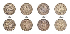 OTTOMAN TUNIS 
 Transitional Coinage 
 With the name Ali Bey (1299-1320ah / 1882-1902ce) 
 Lot of 4 coins: 8 kharub, AR, KM 205, Fen 559f, all xf-F...