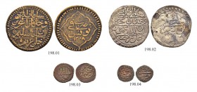 OTTOMAN TUNIS 
 Contemporary Forgeries 
 Lot of 4 contemporary forgeries: different denominations, made of mostly copper (Cu) a. riyal 1208 Ae cf.KM...