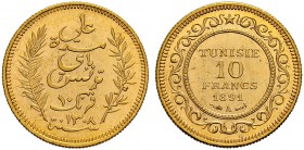 FRENCH PROTECTORATE 
 Reign of Ali Bey (1299-1320ah / 1882-1902ce) 
 10 francs 1891ce/1308ah AU 3.22g KM 226 --- RRRR Pf