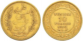 FRENCH PROTECTORATE 
 Reign of Ali Bey (1299-1320ah / 1882-1902ce) 
 10 francs 1900ce/1318ah AU 3.22g Gad 113, KM 226 83 RR vf+