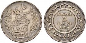 FRENCH PROTECTORATE 
 Reign of Ali Bey (1299-1320ah / 1882-1902ce) 
 2 francs 1893ce/1311ah AR 9.90g Gad 89 300 RR vf