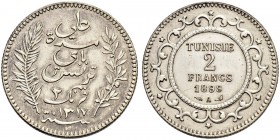 FRENCH PROTECTORATE 
 Reign of Ali Bey (1299-1320ah / 1882-1902ce) 
 2 francs 1899ce/1317ah AR 10.02g Gad 89, KM 225 300 RR -unc Following the death...